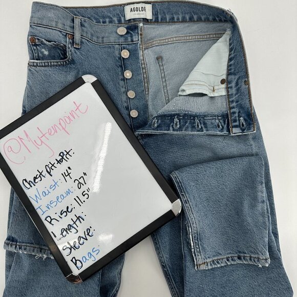 Agolde Blue Nico Distressed Split Hem Button Fly High Rise 26 Denim Jeans - Picture 8 of 8